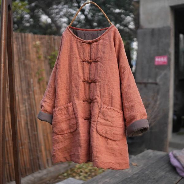 燕燕～秋冬款 色織亞麻 純手工縫製盤扣中長款棉衣大口袋棉服外套 