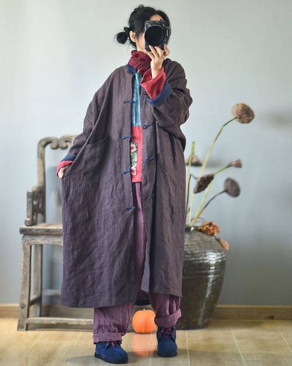 燕燕~春秋款 亞麻.  水洗做舊復古手工盤扣長袍 風衣外套 