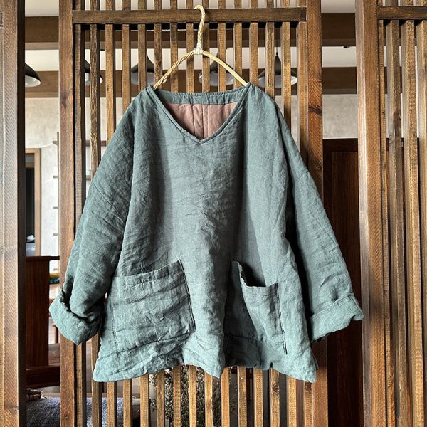 燕燕～秋冬款 亞麻    v領夾棉小襖文藝保暖上衣 寬鬆復古棉衣棉服上衣 