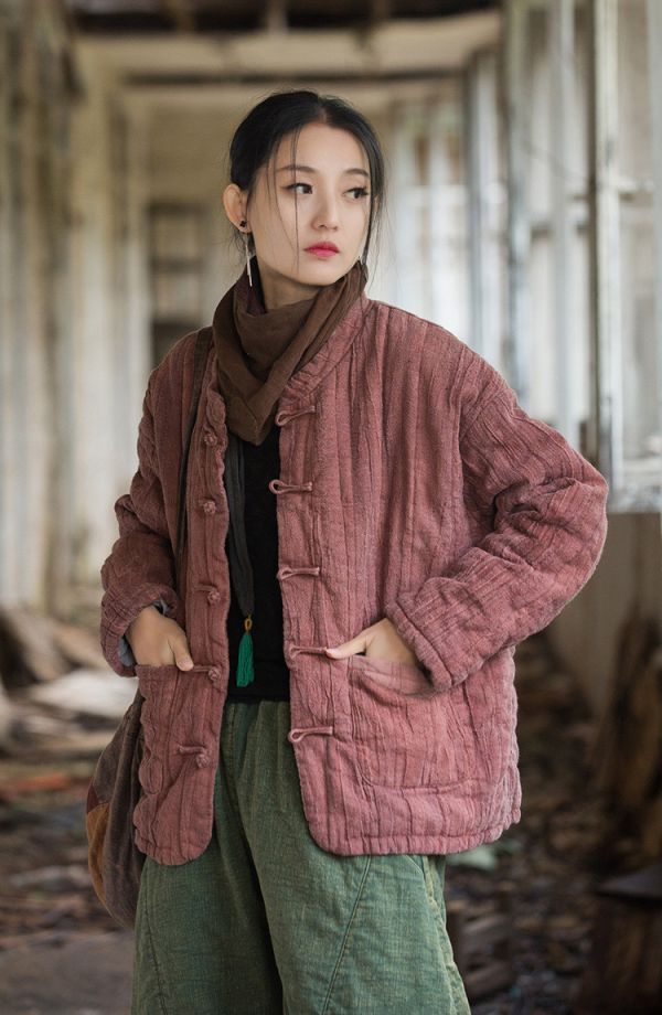 燕燕~冬季新款 苧麻紮染夾棉絎縫保暖棉服棉襖 棉衣外套 