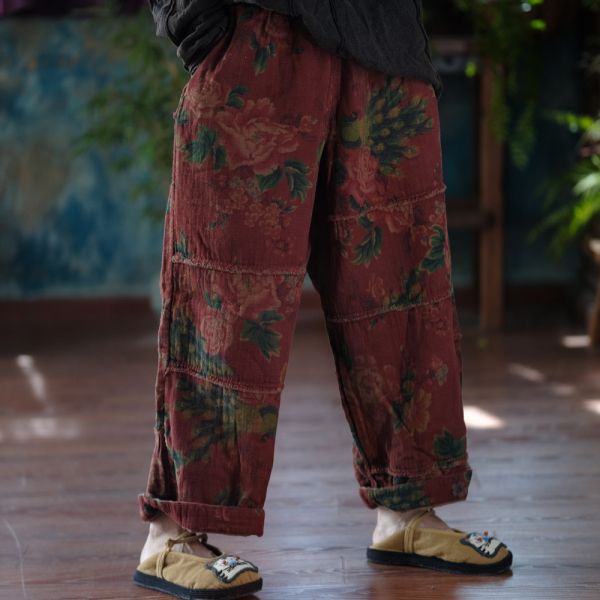 燕燕~復古文藝毛邊休閒褲寬鬆鬆緊腰闊腿褲 直筒褲 ab215101 (花色款） 