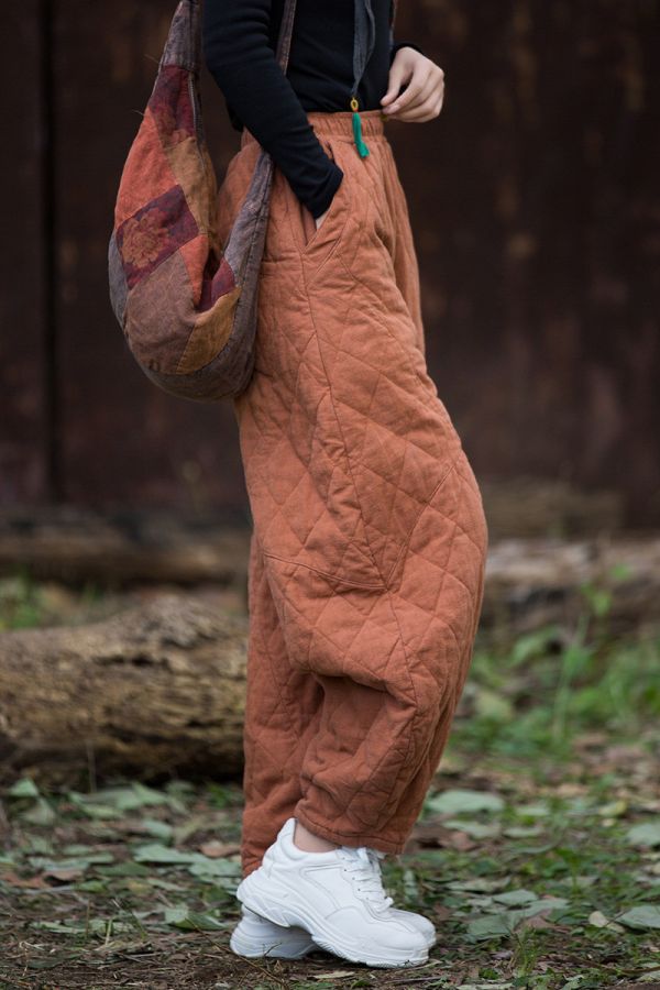 燕燕~冬季新款 復古夾棉絎縫菱形格加厚保暖燈籠棉褲 長褲 