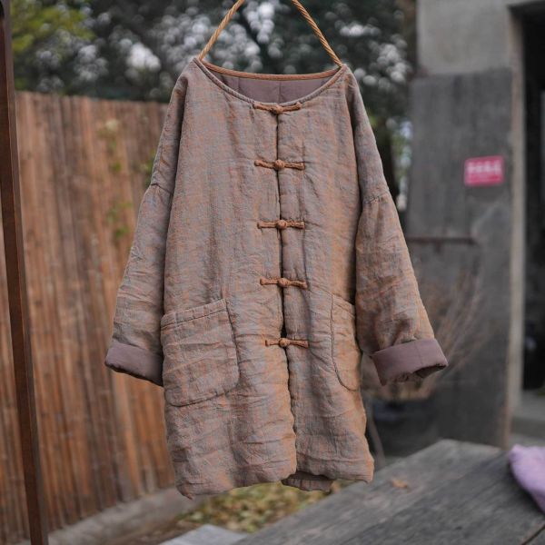 燕燕～秋冬款 色織亞麻 純手工縫製盤扣中長款棉衣大口袋棉服外套 