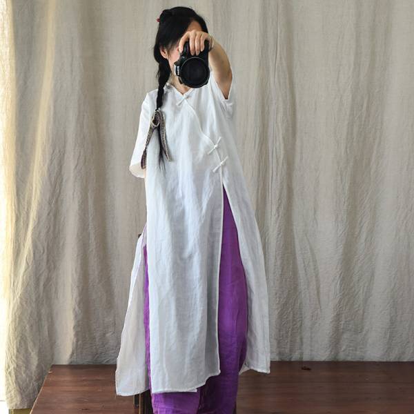 燕燕~棉麻商品~苧麻材質 手工盤扣改良寬鬆洋裝 連身裙 