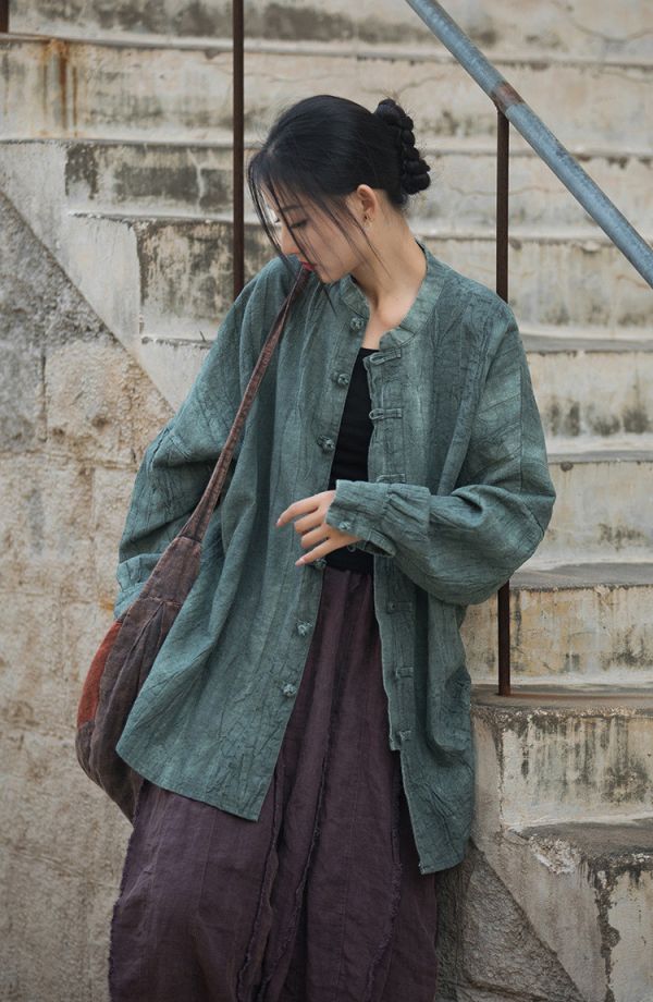 燕燕~夏秋棉麻棉麻商品~苧麻   紮染做舊砂洗改良禪系茶服開襟衫上衣 外套 長袖棉麻衫 