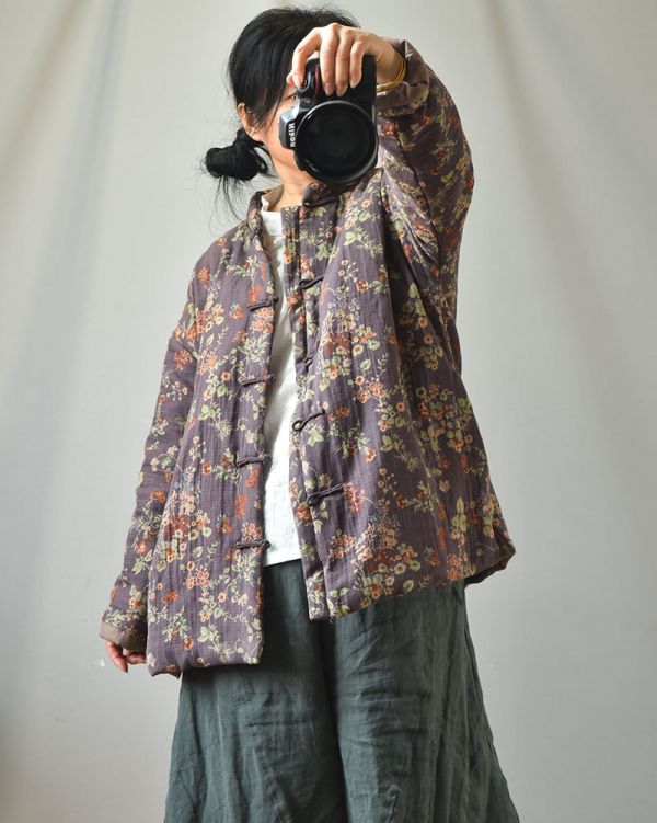 燕燕~棉麻商品~棉麻材質 立領便中式開衫棉服 復古印花保暖棉衣外套 