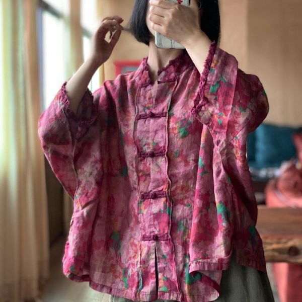 燕燕~棉麻商品~夏季新款 水洗純苧麻 數碼印花對襟小衫 上衣 長袖棉麻衫  ab206101 
