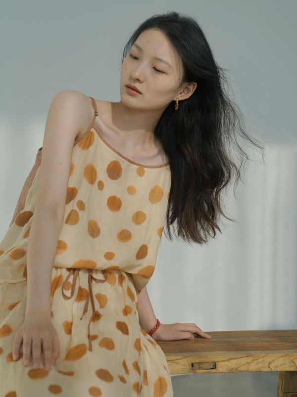 燕燕棉麻～田園生活水彩波點苧麻吊帶半裙套裝 輕薄吊帶長裙 套裝 