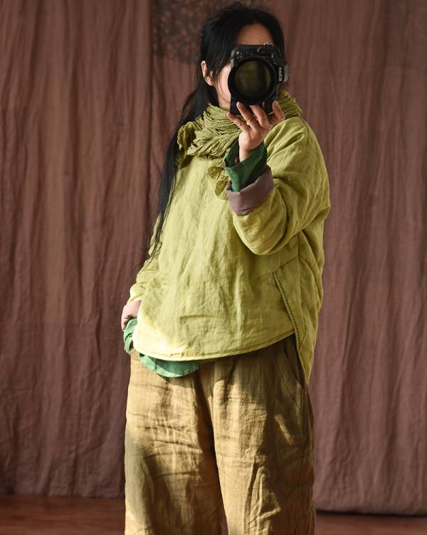 燕燕~棉麻商品~苧麻 寬鬆夾棉短款上衣 文棉服 寬鬆手工縫線棉衣上衣 