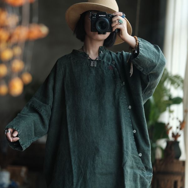 燕燕~水洗麻~撞色手繡寬鬆大袍洋裝 連身裙。ab149101 