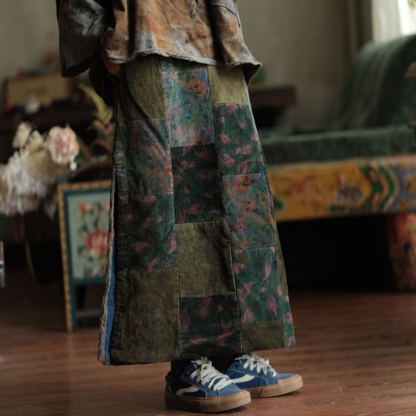 燕燕~復古文藝開叉古布拼接長裙 ab225201 