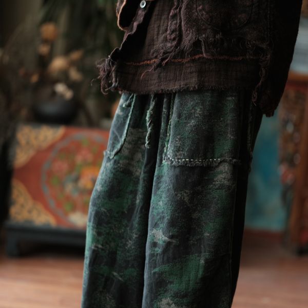 燕燕~秋冬新款 復古保暖休閒褲 設計感中式文藝加厚麻棉提花闊腿褲 ab080301 