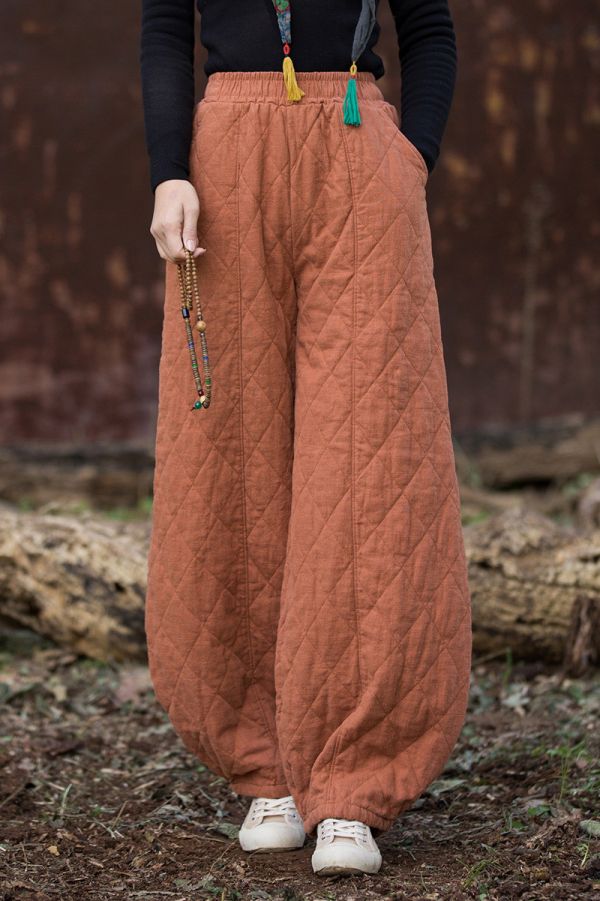 燕燕~冬季新款 復古夾棉絎縫菱形格加厚保暖燈籠棉褲 