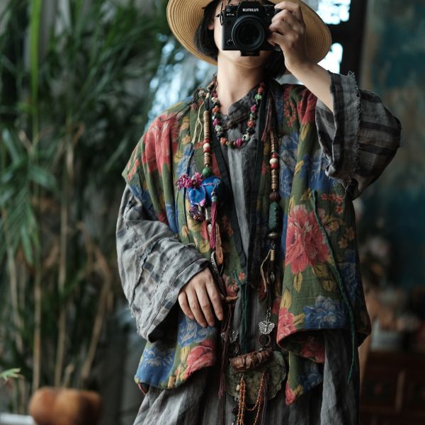 燕燕~棉麻商品~雙層棉紗     寬鬆夾棉繫帶花背心棉麻杉  ab200401 