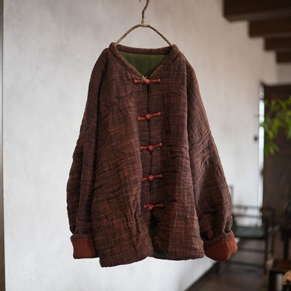 燕燕！手工盤扣 成衣水洗 高品質色織亞麻 加厚大版寬鬆盤扣棉襖外套 ab446101 