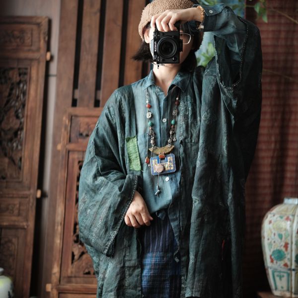 燕燕~純苧麻   手工補丁繫帶開襟袍外披外套。 ab218501 