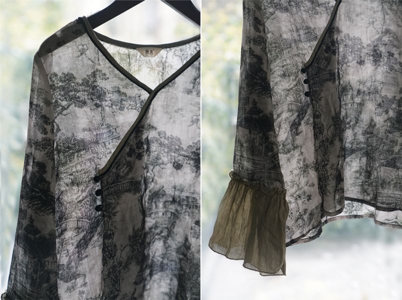 燕燕~棉麻商品~夏新款  苧麻 香雲紗印花V領襯衫 寬袖設計撞色上衣  ab2217501 