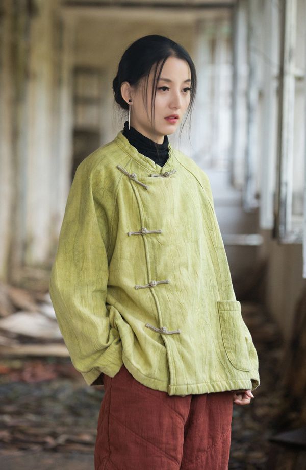 燕燕~秋冬新款   苧麻紮染加厚保暖外套 復古文藝個性盤扣女款T恤 上衣 