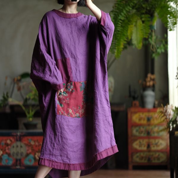 燕燕. 純麻   毛邊撞色大袍洋裝 連身裙。ab143601 