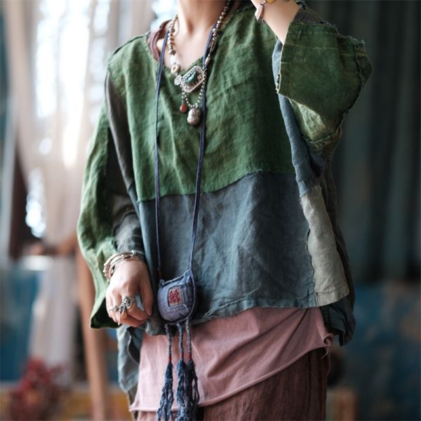 燕燕~秋季新款 純麻  毛邊圓領開叉寬鬆拼接麻衫 上衣 長袖棉麻衫  ab208901 