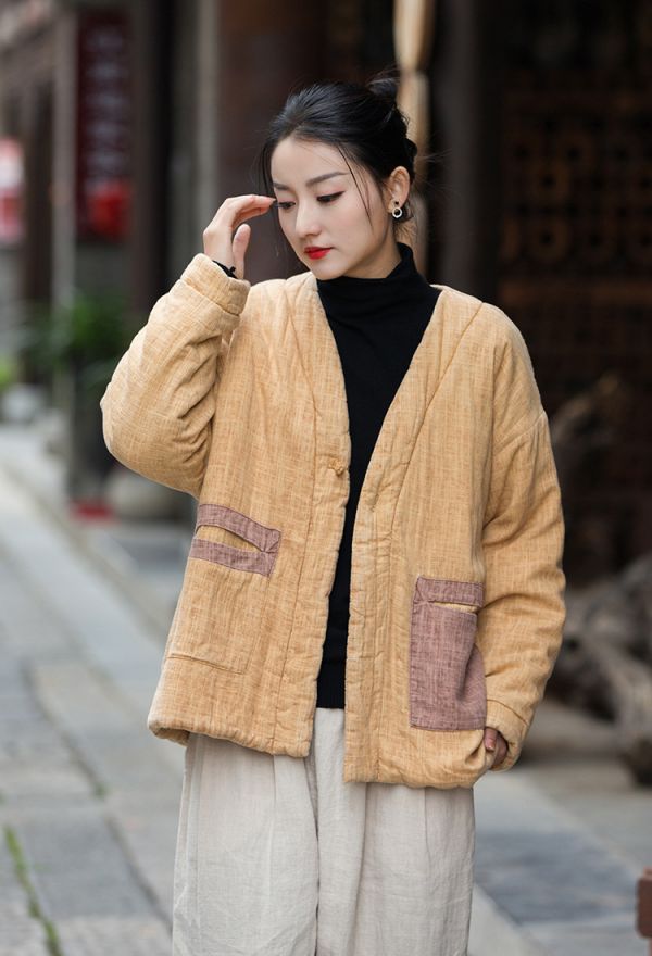 燕燕~棉麻商品~秋冬新品 亞麻   炒色做舊夾棉加厚改良禪意風女式棉服棉衣外套 