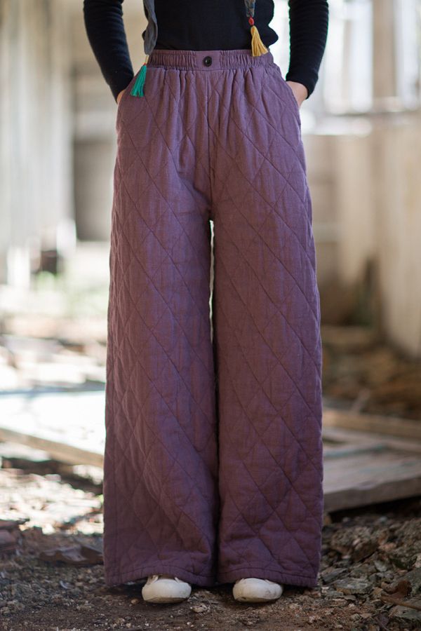 燕燕~冬季新款 苧麻夾棉菱格絎縫長褲  加厚保暖文藝直筒棉褲 