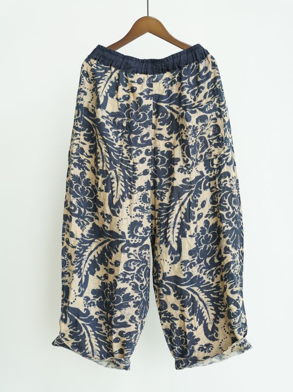 燕燕~復古數位藍染印花亞麻直筒褲 簡約寬鬆自在闊腿褲 ab2531701 