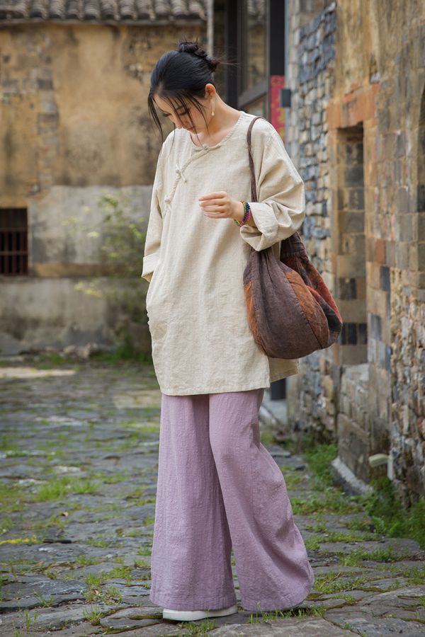 燕燕~夏季新款 莧麻炒色上衣改良大尺碼茶服個性文藝範女長T恤 