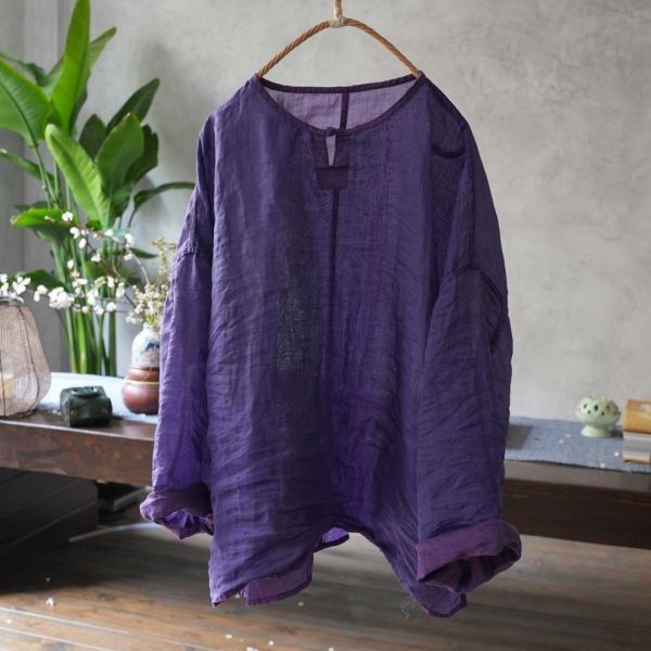燕燕~四季款 雙色苧麻 雙面穿 盤扣長袖女襯衫 文藝復古圓領上衣 