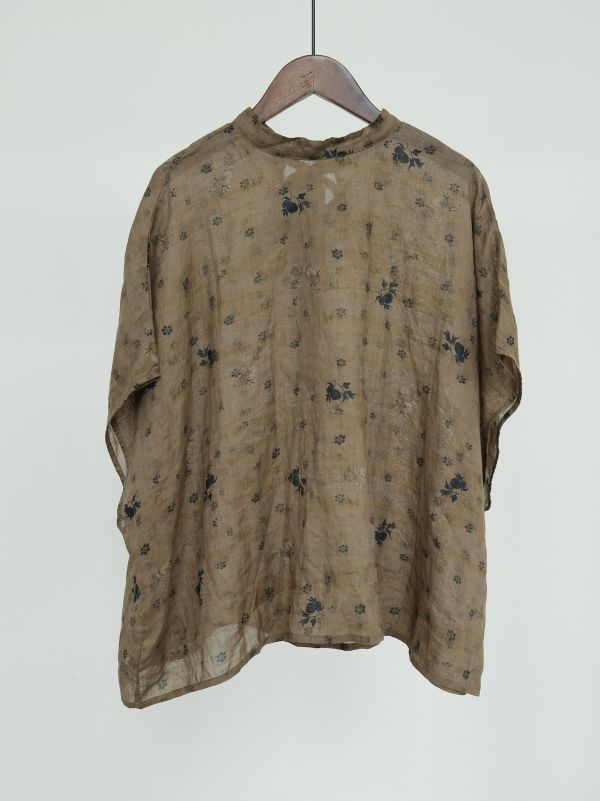 燕燕～早秋款 苧麻 復古半高領印花蝙蝠袖上衣 襯衫  ab2320501 