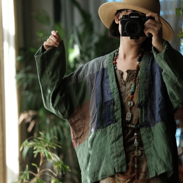 燕燕~秋冬新款 亞麻 做舊雪花洗拼布寬鬆短棉衣上衣。外套。ab178801 