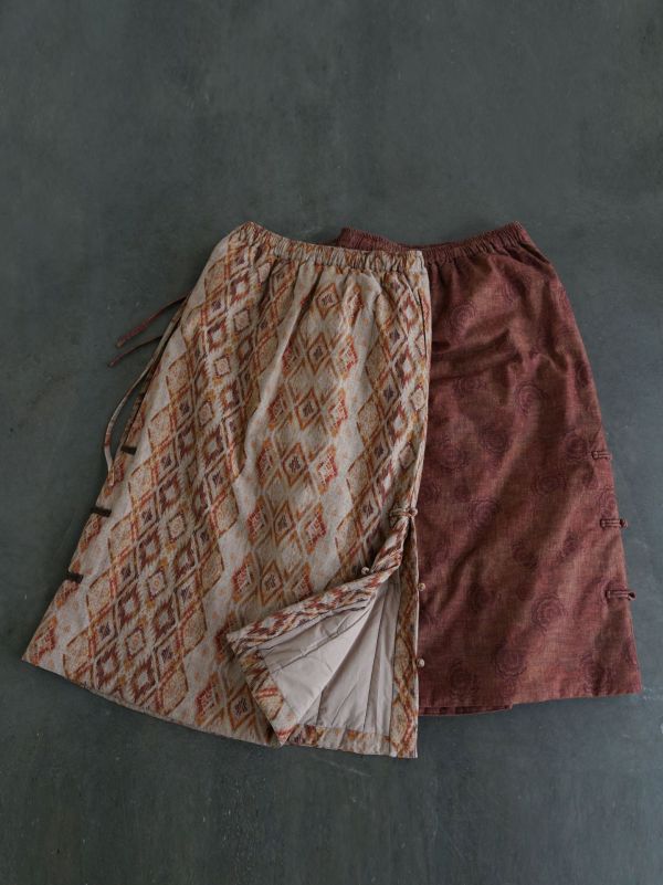 燕燕~復古文藝印花磨毛保暖夾棉盤扣加厚直筒裙 長裙 aB2532001 