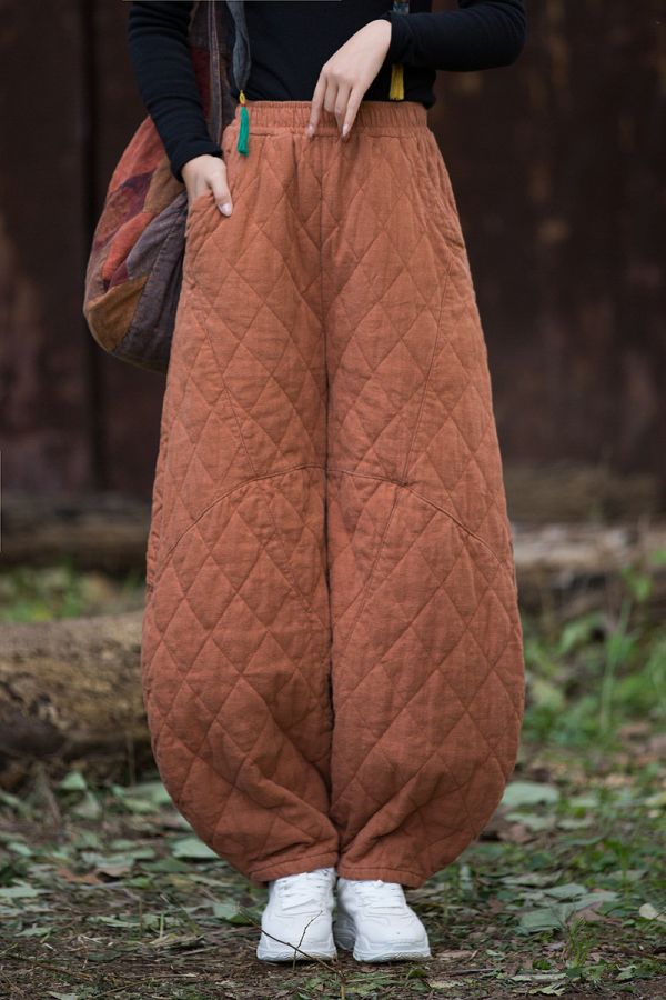 燕燕~冬季新款 復古夾棉絎縫菱形格加厚保暖燈籠棉褲 長褲 