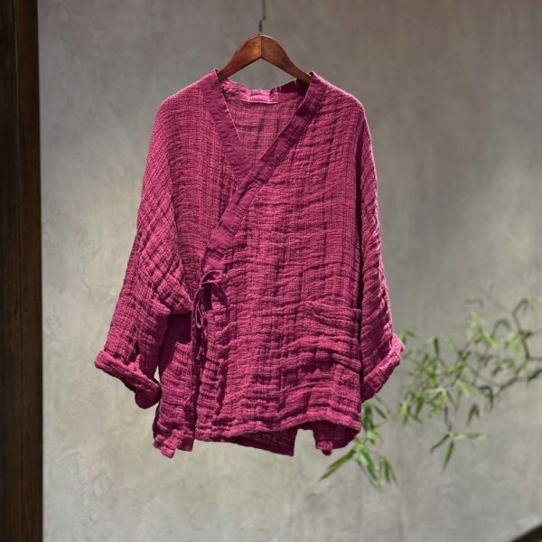 燕燕~高品質粗砂亞麻上衣 休閒復古百搭交領長袖外套 