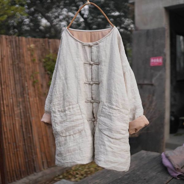 燕燕～秋冬款 色織亞麻 純手工縫製盤扣中長款棉衣大口袋棉服外套 