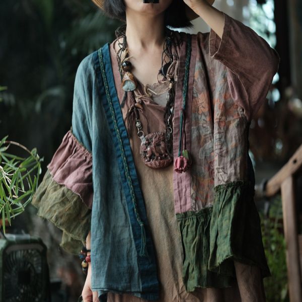 燕燕~復古文藝苧麻不對襯坎肩外披小衫 外套 ab223801 