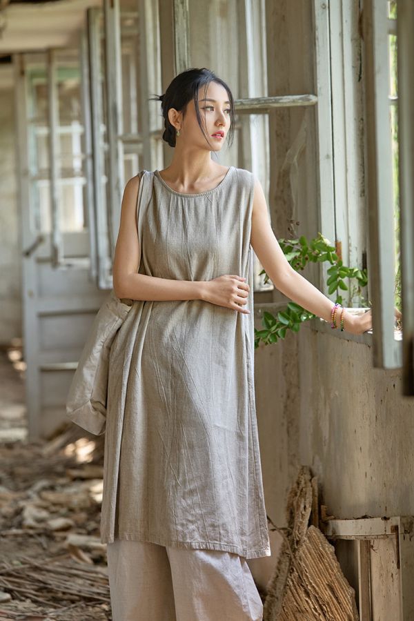 燕燕~秋款 亞麻紮染長裙 寬鬆顯瘦簡約無袖洋裝 連身裙 