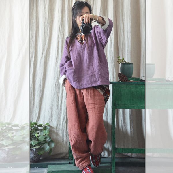 燕燕~棉麻材質 文藝休閒大V領上衣 