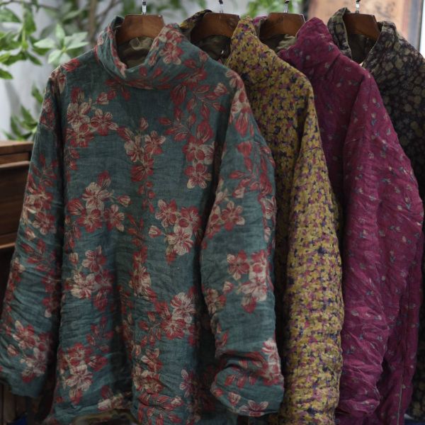 燕燕～印花亞麻夾棉高領套頭打底衫 高領上衣 ab25501 