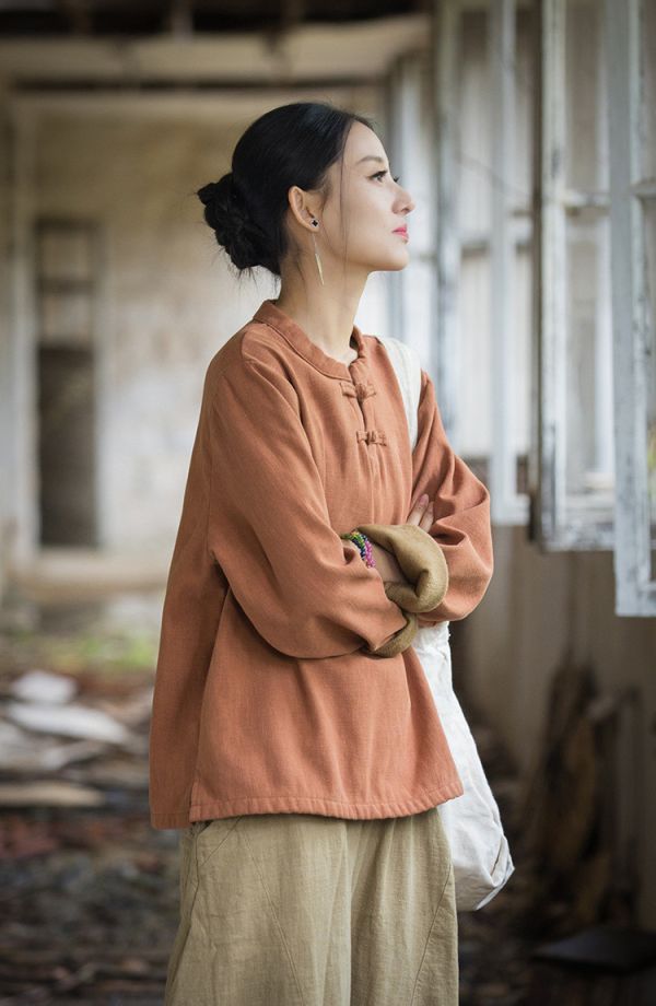 燕燕~秋冬新款 苧麻加絨加厚打底衫 盤扣復古文藝上衣T恤 (加絨加厚設計） 