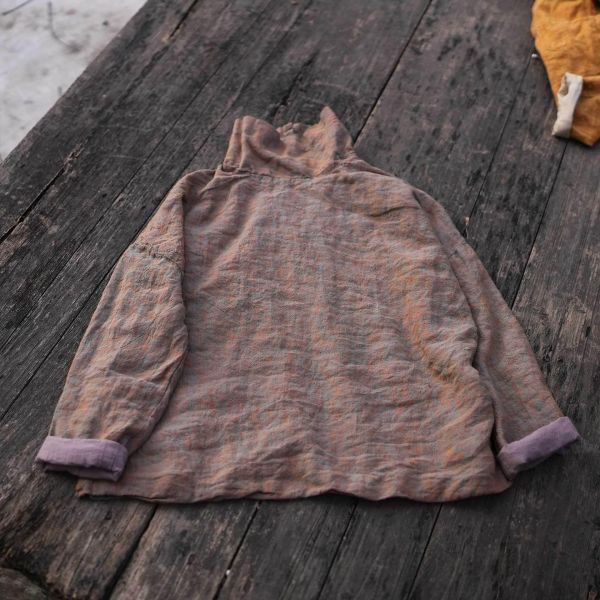 燕燕~色織亞麻 堆堆領上衣 文藝寬鬆上衣長袖襯衫 