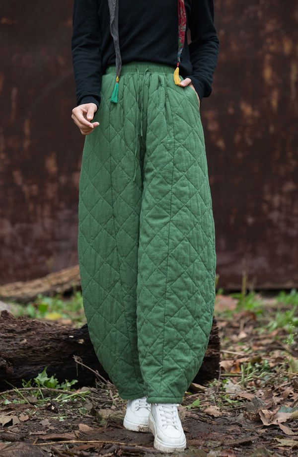 燕燕~秋冬新款 夾棉加厚絎縫菱形格老爹褲 文藝寬鬆百搭女式棉褲 長褲 