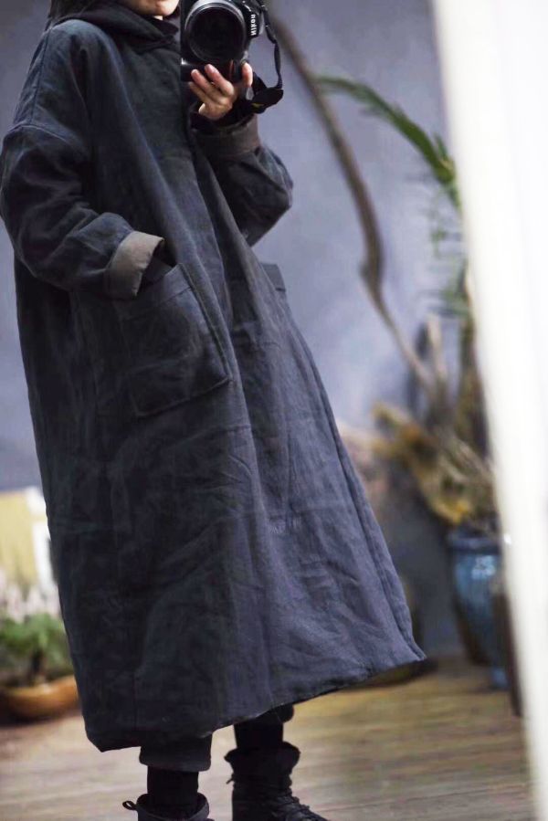 燕燕棉麻~~亞麻材質 冬裝新款 加厚砂洗夾棉連帽盤扣棉袍外套 長大衣 