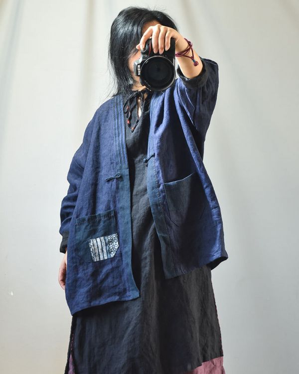 燕燕~棉麻商品~手工繡線 老土布拼接開衫盤扣茶服外套 