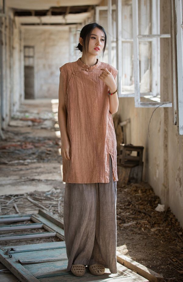 燕燕~夏季新款 苧麻薄款紮染全新中式盤扣無袖上衣 