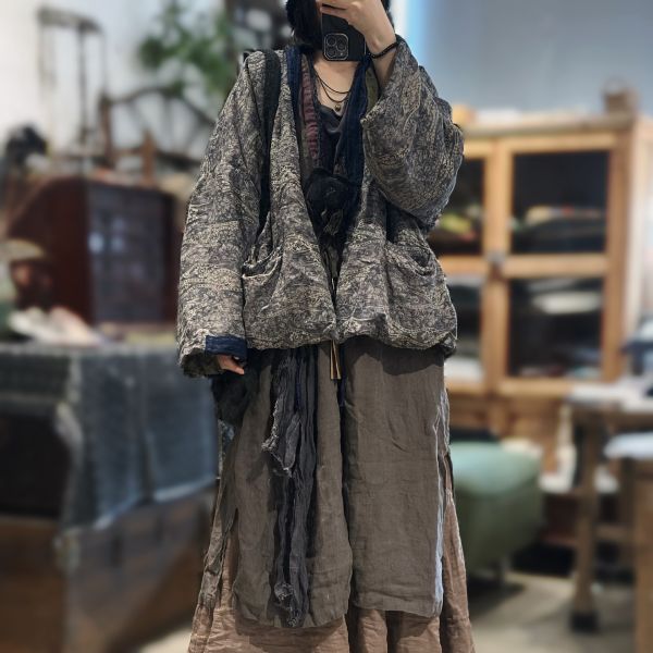燕燕~秋冬新款 復古文藝絲麻混紡寬鬆繫帶中式復古上衣 外套 