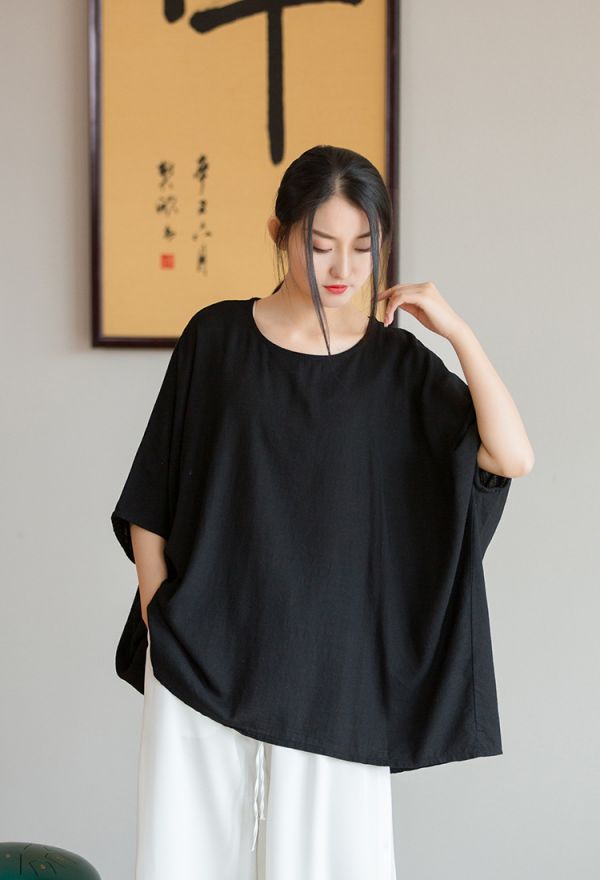 燕燕~寬鬆款式~亞麻 夏季新品  輕薄文藝寬鬆蝙蝠袖上衣 短袖棉麻衫 