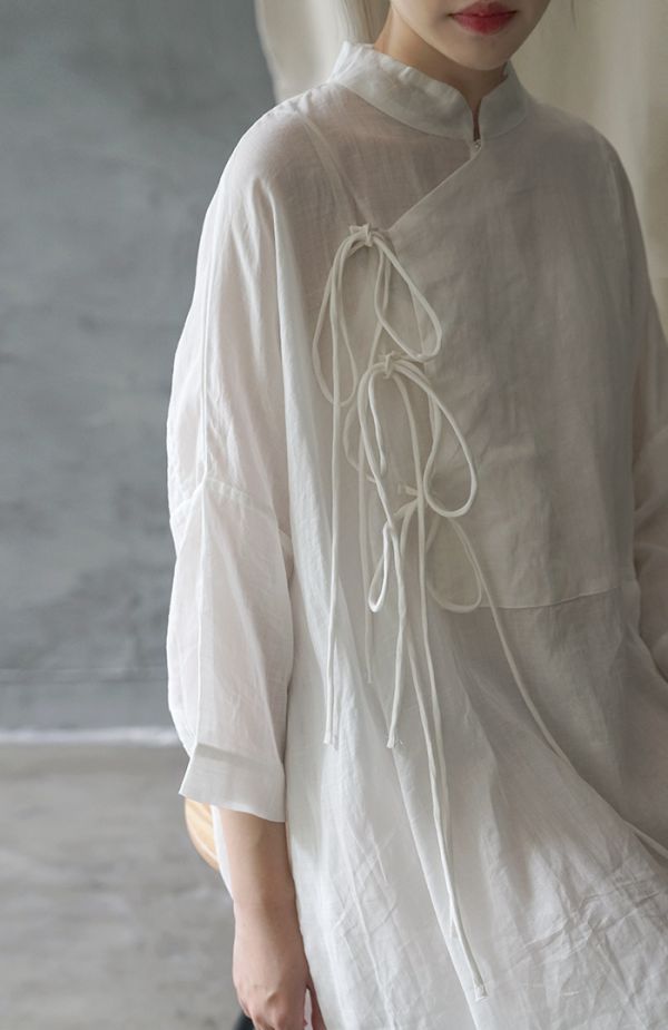 燕燕~棉麻商品~日系森林系  立領繫帶襯衫連身裙  1-19199 