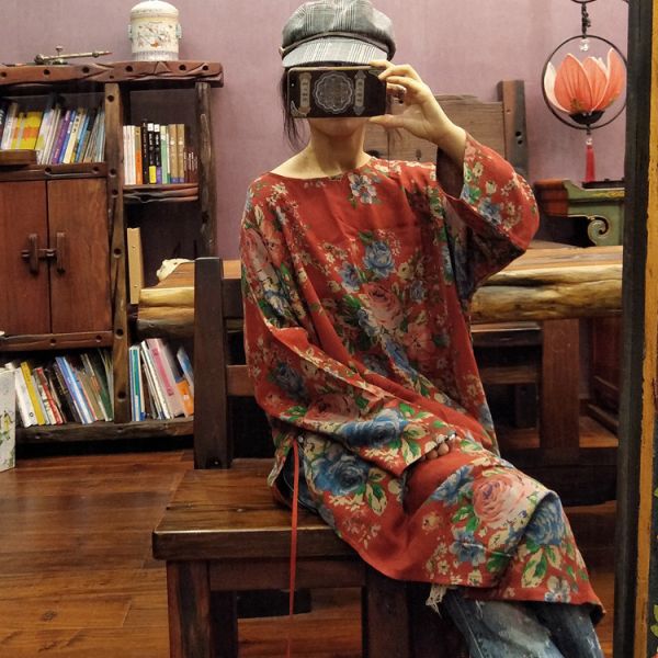 燕燕~棉麻商品~復古紅花側高側抽繩長袍上衣 連身裙。ab151001 