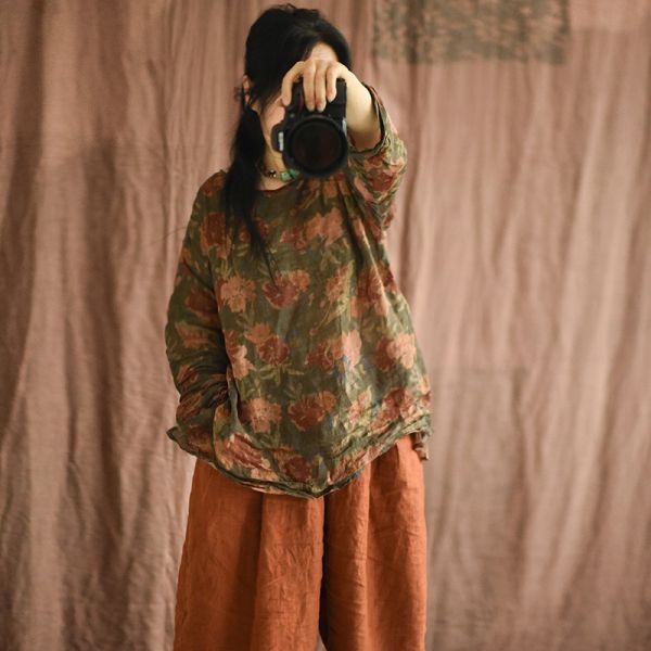燕燕~棉麻商品~春夏款   輕薄苧麻 數碼印花寬鬆大碼復古文藝女式襯衫 上衣 長袖棉麻衫 